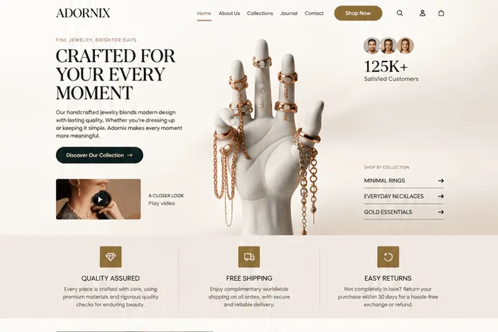 Screenshot bagian atas template website toko perhiasan